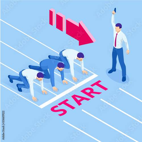 Isometric businessmen on a track-ready to run. Young businessman starting to his career. Concept business.