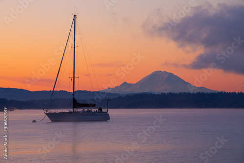 Boat and Mt Rainier at sunrise