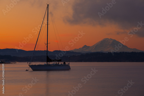 Boat and Mt Rainier at sunrise
