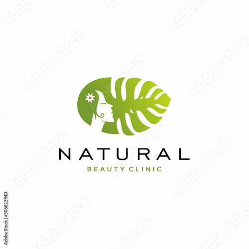 Illustration natural girl with monstera leaf logo template vector