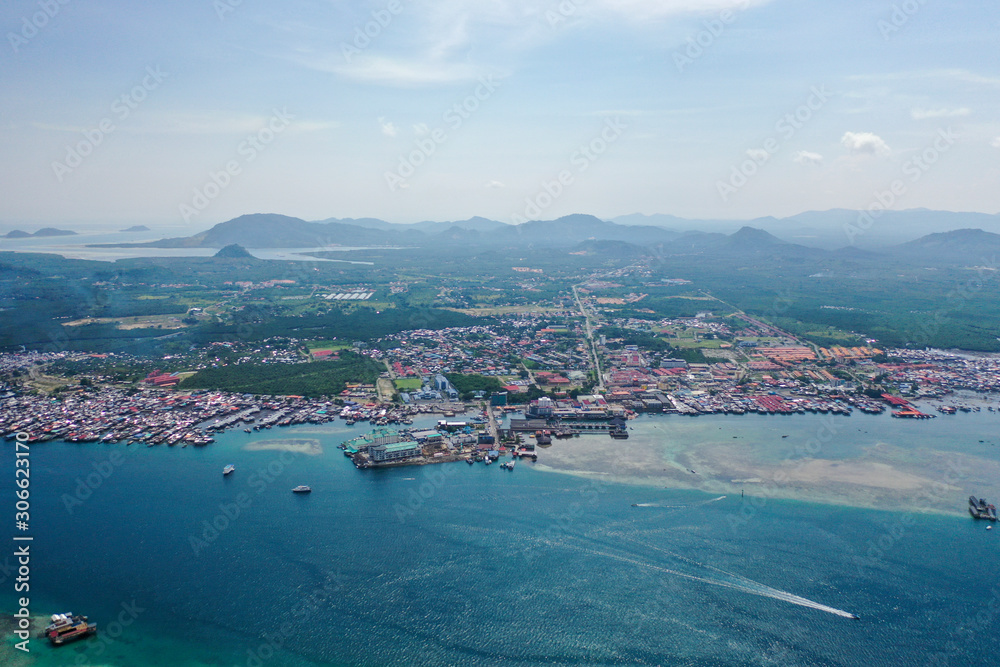 Aerial view partial part of Semporna island with blue ocean and coral reef in Malaysia, Borneo.