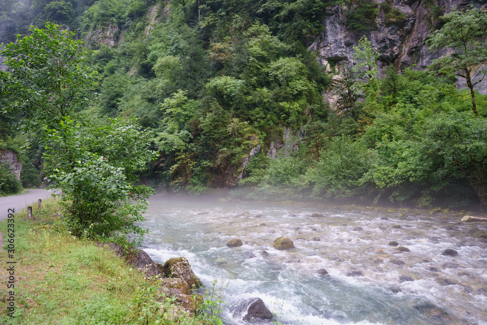Natural landscape with mountain river in fog Natural landscape with mountain river in fog