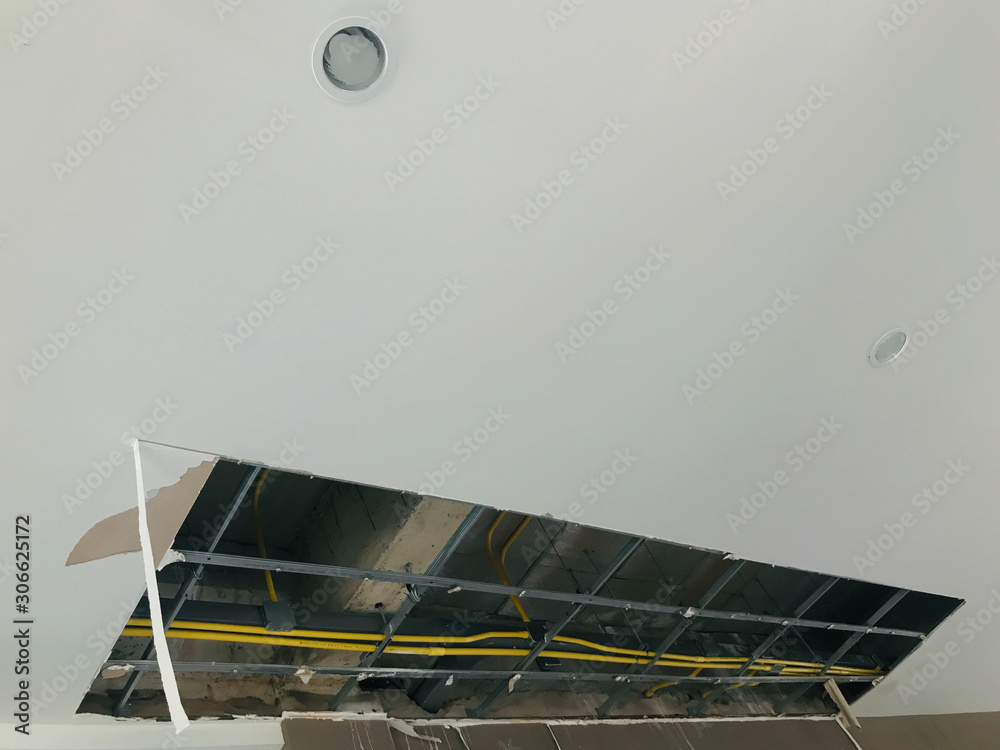 Ceiling panels damaged hole in the roof of house Ceiling is broken Ceiling panels damaged hole in the roof of house Ceiling is broken
