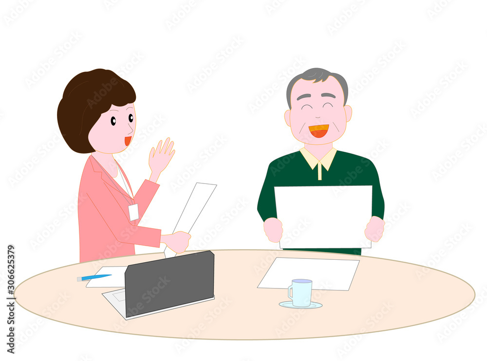 高齢者に説明する営業マン