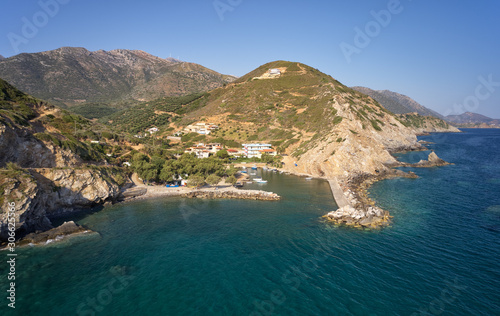 Aerial view on cretan village Almirida and Mediterannean sea. Crete, Greece.