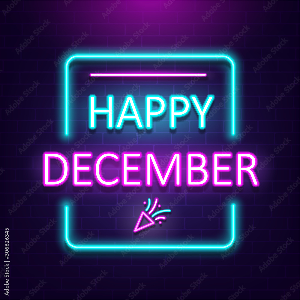 "Happy December" neon lettering style on dark brick wall background, vector illustration. - obrazy, fototapety, plakaty 