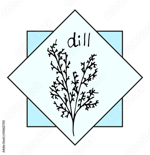 Dill branch on a beautiful background with the inscription. Vegetarian elements for your design.
