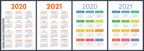 Calendar 2020  2021 years. Colorful vector set. Week starts on Sunday. Vertical English calender design template