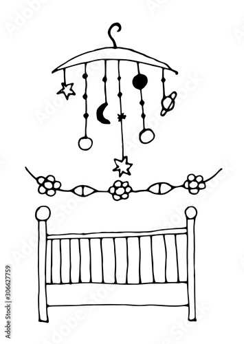 Crib, and accessories vector illustration of newborn baby crib