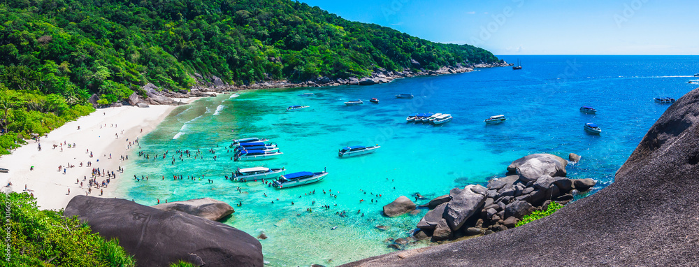 Panorama beautiful nature scenic landscape Similan island, Top view boat traveler on summer clear blue sea water, Famous landmark travel Phuket Thailand holiday vacation beach Tourism destination Asia