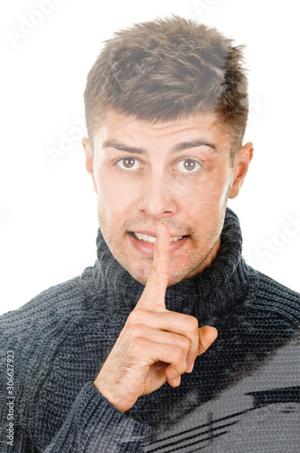 Secret man. man shows hush be quiet. isolated on white background, double multiple exposure effect,combined images