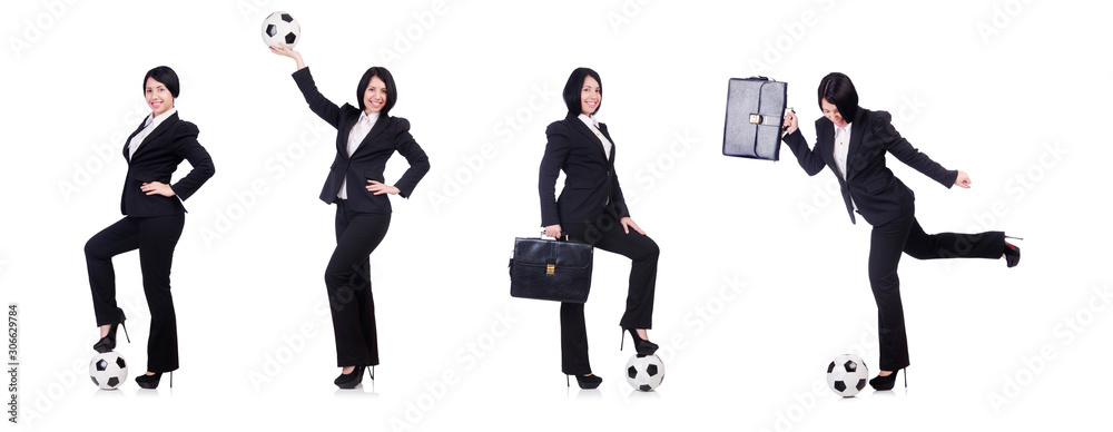 Businesswoman with ball on white