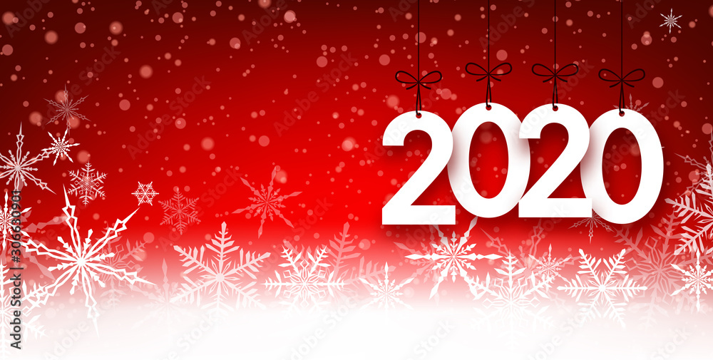 Red 2020 New Year background with snowflakes.