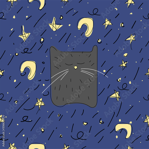 Black cat sleeping on a background of the night sky. The moon, the stars. Seamless pattern.
