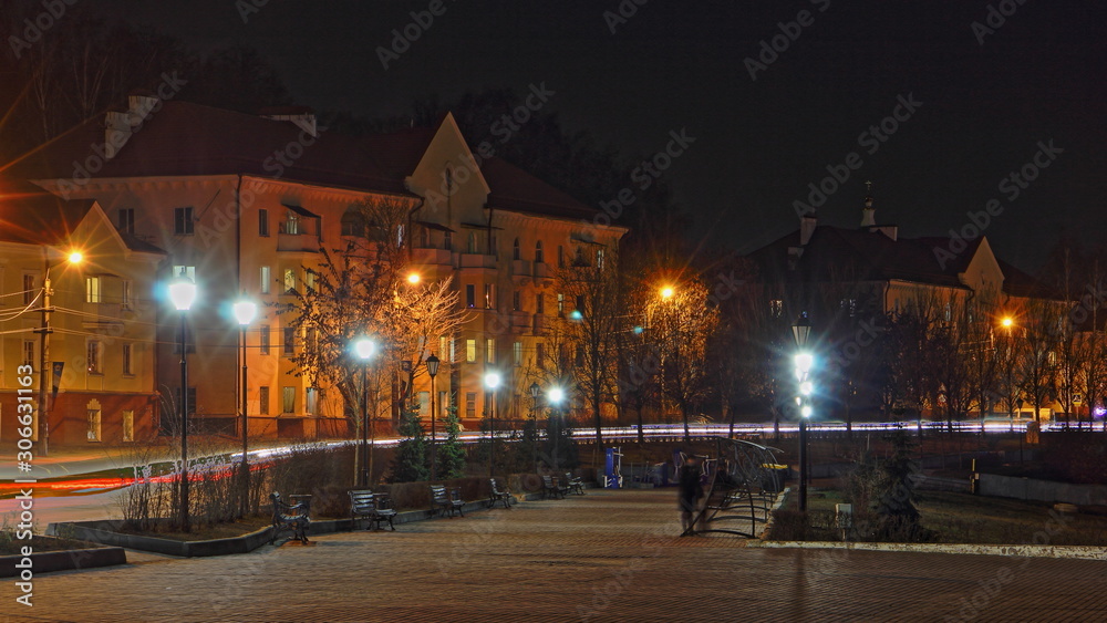 Russia, Smolensk old buildings and Park on center street, beautiful wide autumn view in dusk from Observation deck
