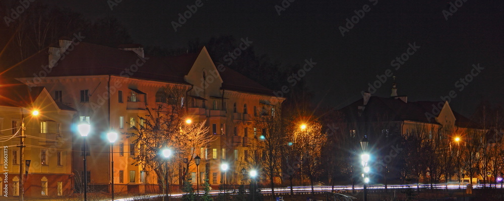 Russia, Smolensk old houses on street, beautiful panoramic night view in autumn