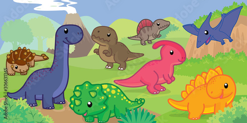 Fototapeta Naklejka Na Ścianę i Meble -  Dinosaurs in the jungle, Dinosaurs cute