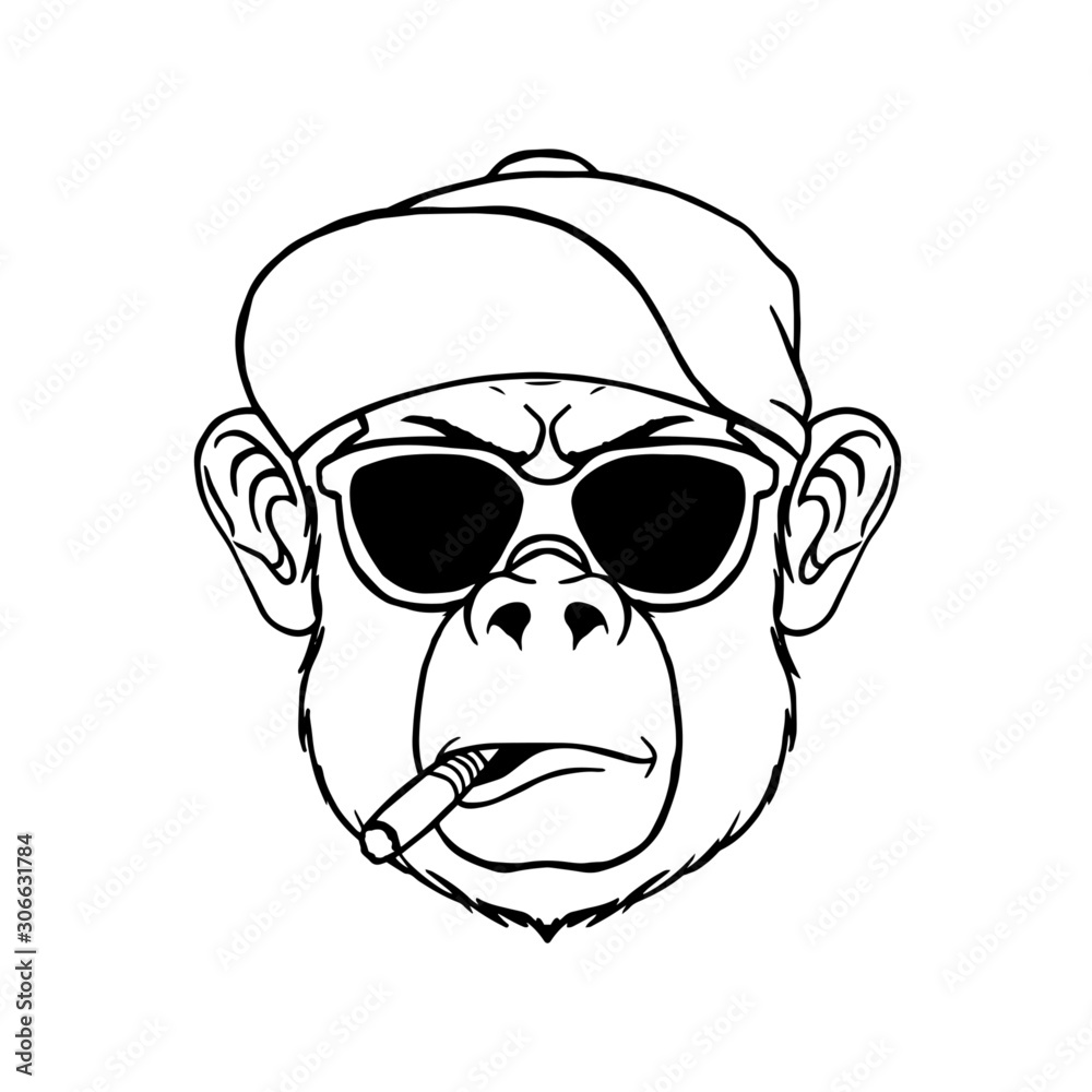 Vetor de cool face smoking monkey wear cap hat vector illustration. animal  gorilla head line art tattoo graphic do Stock | Adobe Stock