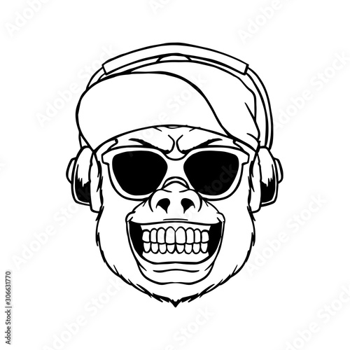 smile monkey wear glasses and cap hat listening music on headphone vector illustration. animal gorilla head line art tattoo graphic