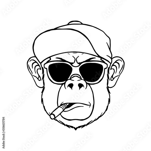 cool face smoking monkey wear cap hat vector illustration. animal gorilla head line art tattoo graphic
