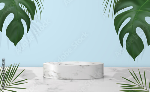 White marble cylinder podium in blue background. decor by palm, monstera leaves scene stage mockup showcase for product, sale, banner, discount, presentation, cosmetic, offer. illustration vector.