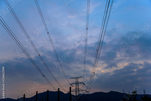 a wide-angle shot on power lines in the sunset sky background in hong kong china