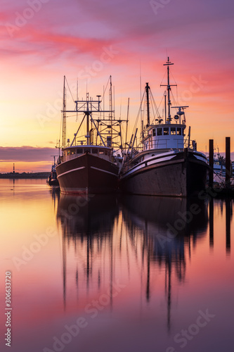 Fishing boats in Steveston Harbour at dusk  Richmond  British Columbia