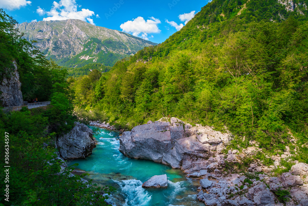 Plakat Emerald color Soca river with deep canyon near Kobarid, Slovenia
