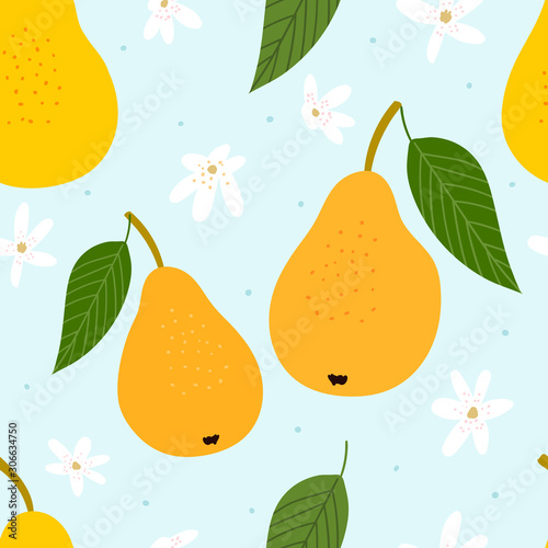 Pears with flowers hand drawn seamless pattern for print, textile, fabric. Modern kids fruits background.