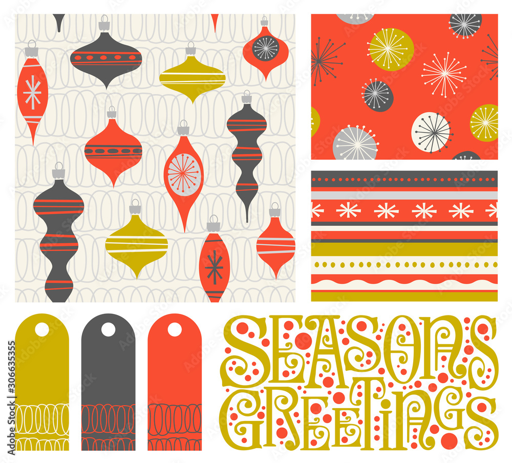 Set of new coordinating holiday seamless patterns, gift tags and design elements for gift wrap, cards and decoration. Simple flat retro style for Christmas and New Years. Vector illustration.