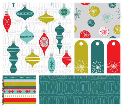 Set of new coordinating holiday seamless patterns, gift tags and design elements for gift wrap, cards and decoration. Simple flat retro style for Christmas and New Years. Vector illustration.