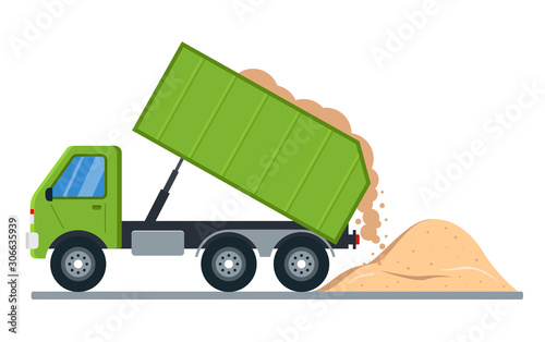 sand delivery by truck. rash of soil to the ground. flat vector illustration.