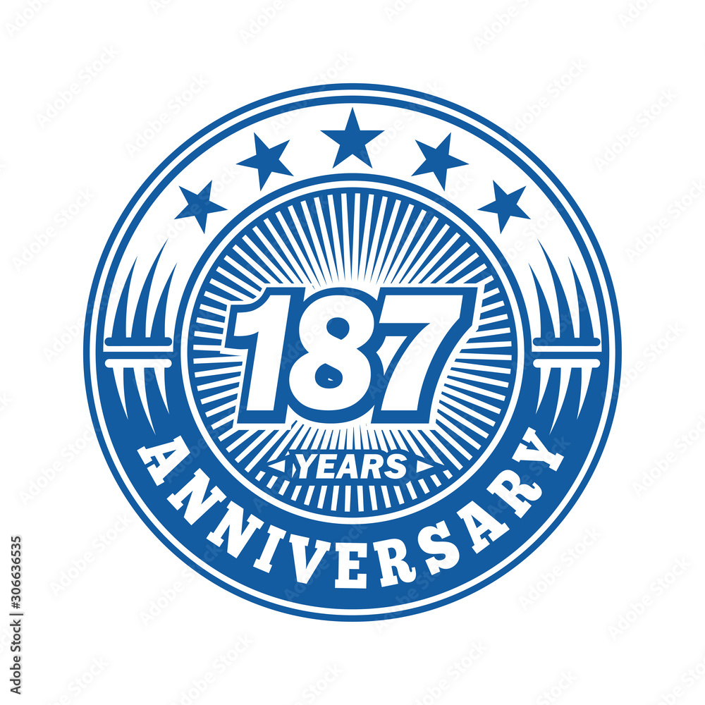  187 years logo. One hundred eighty seven years anniversary celebration logo design. Vector and illustration.