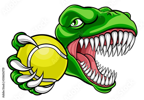 A dinosaur T Rex or raptor tennis player cartoon animal sports mascot holding a ball in its claw