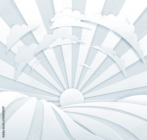 A rolling hills sun rays field background in a vintage paper craft art style