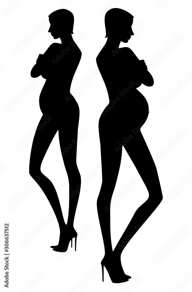 Exquisite silhouette of  pregnant woman in high heels shoes with her arms crossed.
