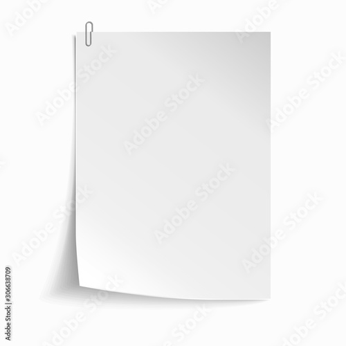 White sheet of paper with metal paper clip. Metal paper clip attached to paper. Vector illustration.