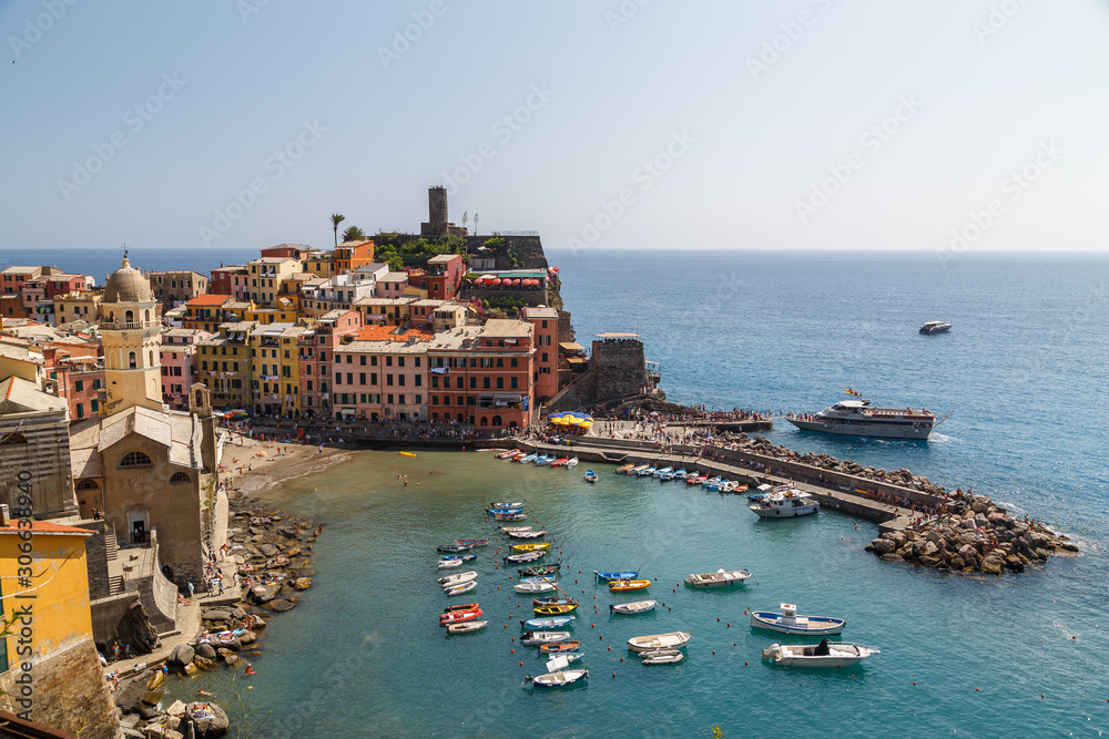 VERNAZZA / ITALY - JULY 2015: View to coastal Vernazza village in Cinque Terre land, Italy