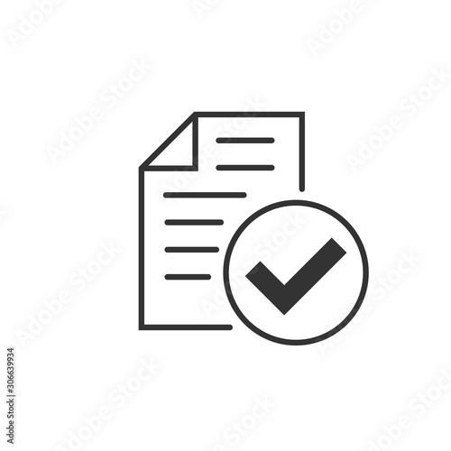 Approved document icon in flat style. Authorize vector illustration on white isolated background. Agreement check mark business concept.