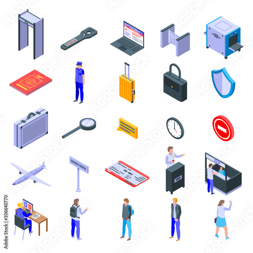 Passport control icons set. Isometric set of passport control vector icons for web design isolated on white background
