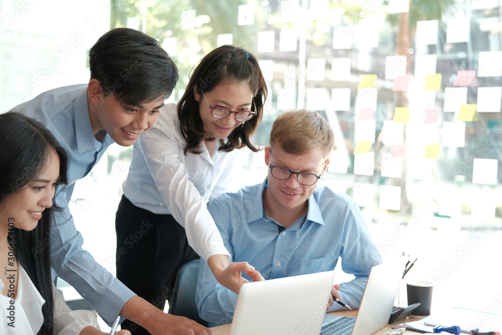 Fototapeta premium business people discussing on performance revenue in meeting. businessman working with businesswoman.