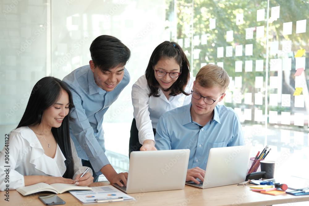 business people discussing on performance revenue in meeting. businessman working with businesswoman. business people discussing on performance revenue in meeting. businessman working with businesswoman.