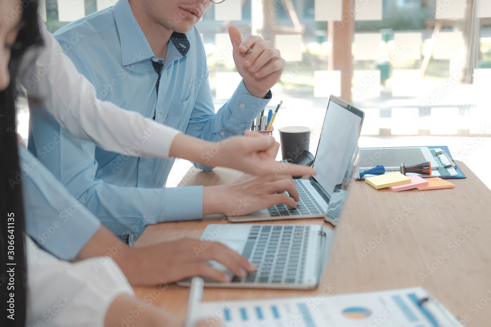 business people discussing on performance revenue in meeting. businessman working with businesswoman.