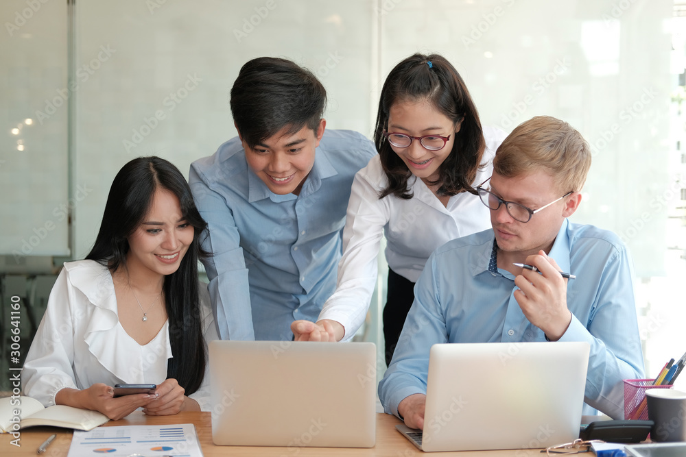 business people discussing on performance revenue in meeting. businessman working with businesswoman. business people discussing on performance revenue in meeting. businessman working with businesswoman.