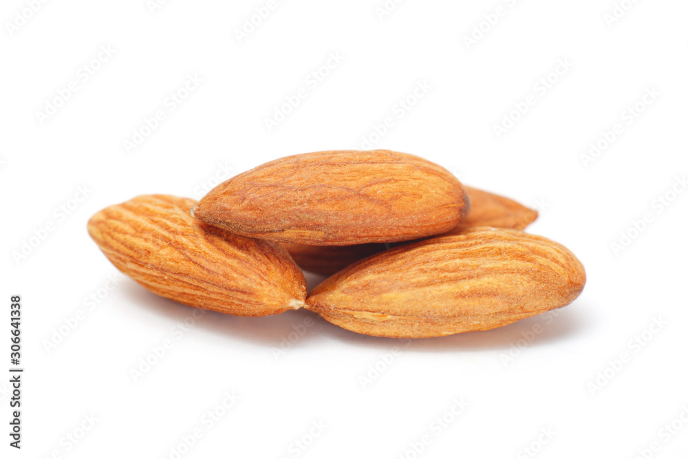 Processed almonds isolated on white background with clipping path