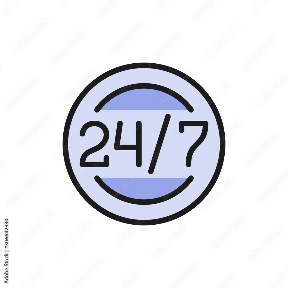 Around clock and daily work schedule, 24 hours service flat color icon. Around clock and daily work schedule, 24 hours service flat color icon.