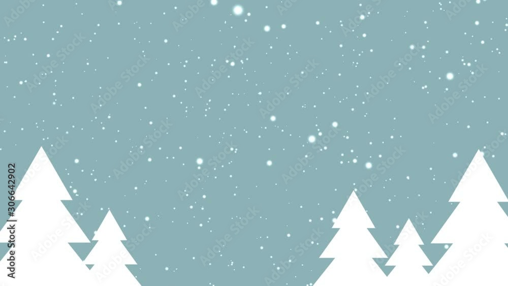 Snow with white snowflakes slowly falling down on christmas fir trees on blue background - christmas, winter or new year template, loopable