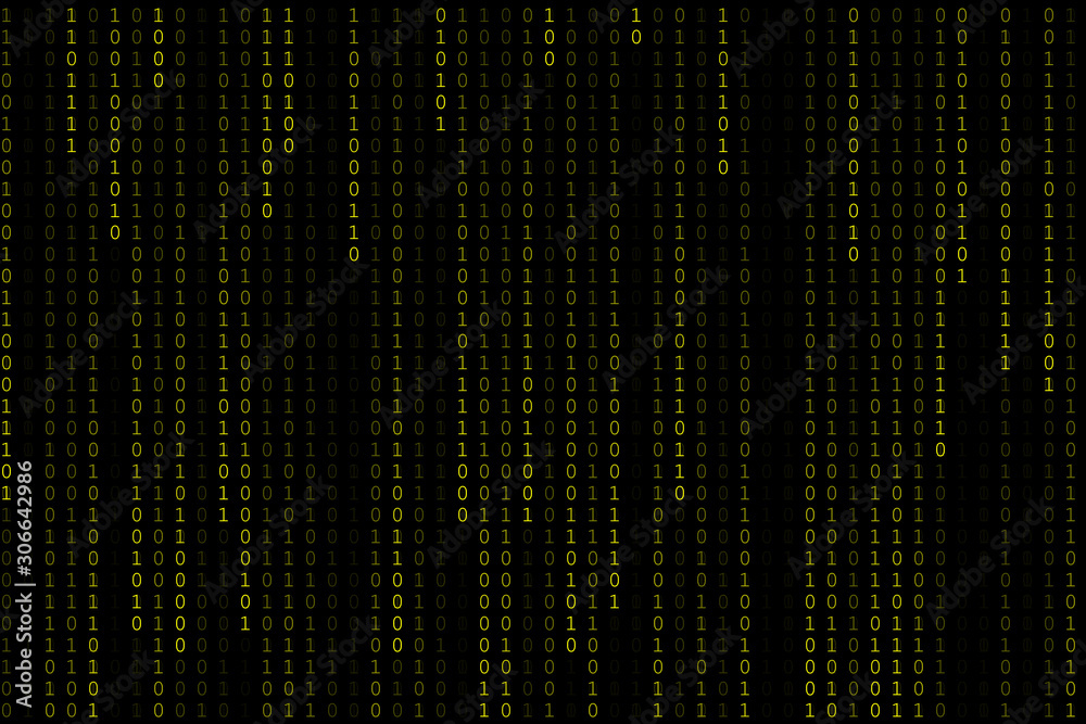Technology digital binary code in color yellow with matrix dark or black background.