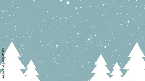 Snow with white snowflakes slowly falling down on christmas fir trees on blue background - christmas, winter or new year template, loopable
