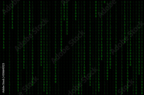 Technology digital binary code in color green with matrix dark or black background.